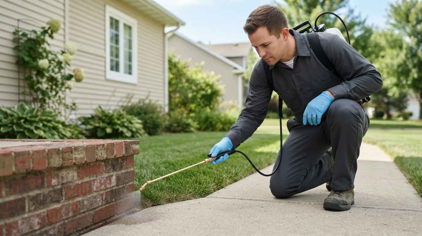 Pest control technician treating a home near French Lick, IN