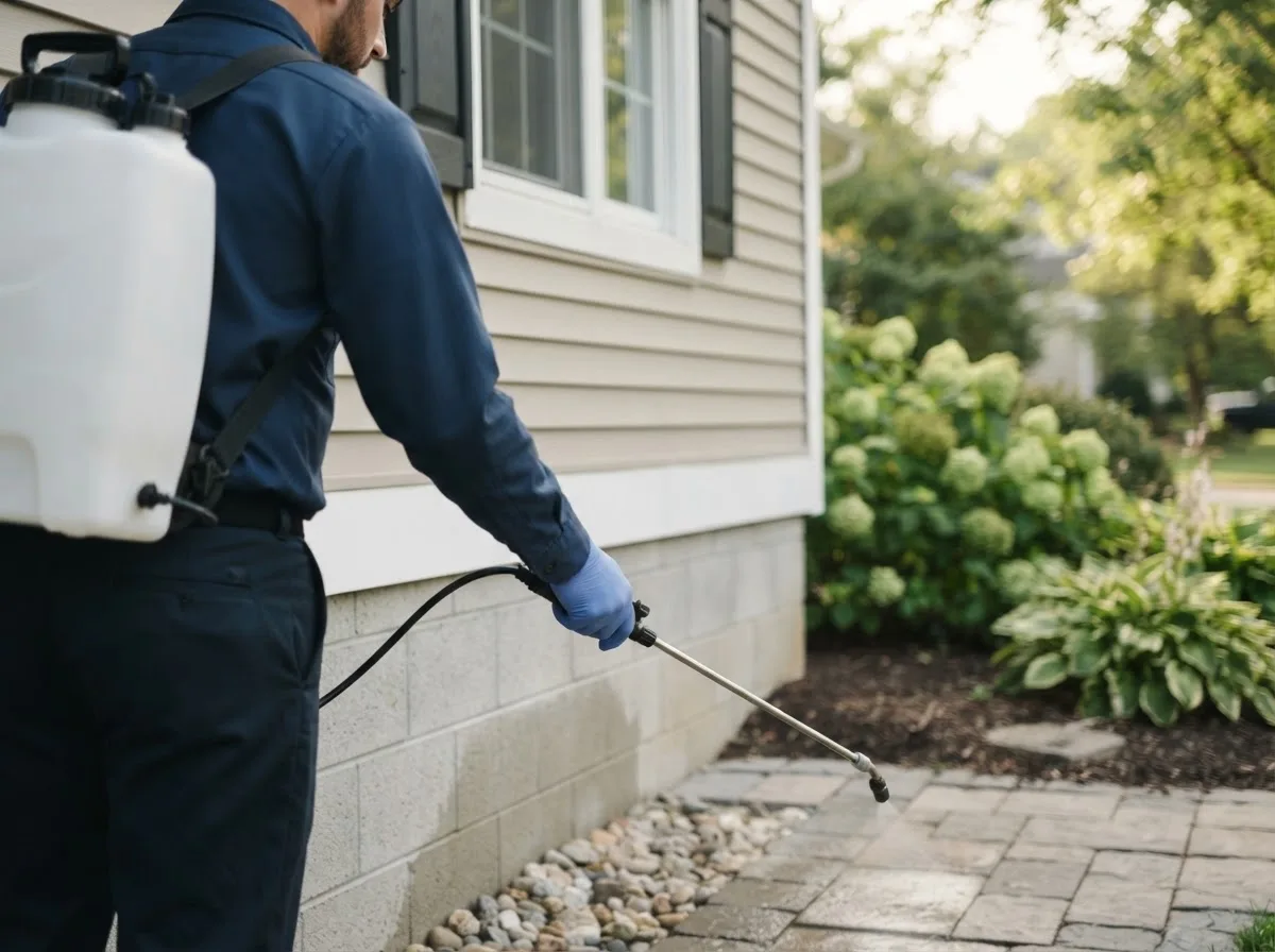 Pest control technician inspecting a home in French Lick, IN